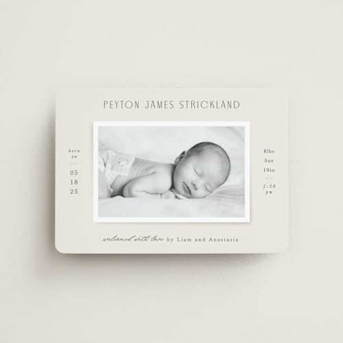 This is a cream birth announcement magnets with standard by Hooray Creative called classical printing on magnet paper in magnet