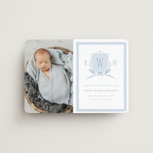 This is a sky birth announcement magnets with standard by Corinne Malesic called crest printing on magnet paper in magnet
