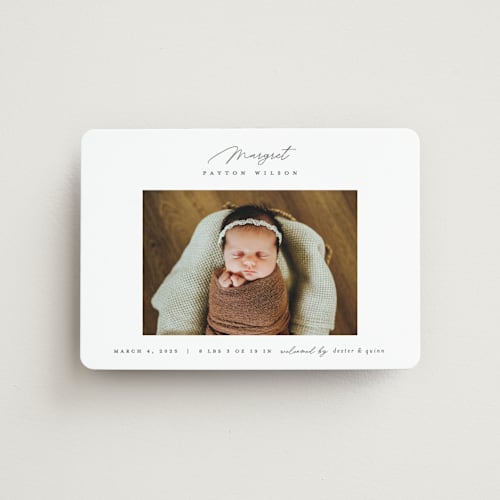 This is a pearl birth announcement magnets with standard by Pixel and Hank called simply lovely printing on magnet paper in magnet