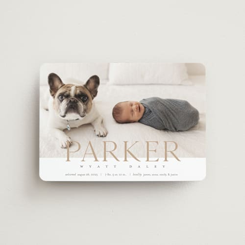 This is a toffee birth announcement magnets with standard by Eric Clegg called modern classic printing on magnet paper in magnet