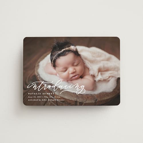 This is a marble birth announcement magnets with standard by Lea Delaveris called introducing printing on magnet paper in magnet