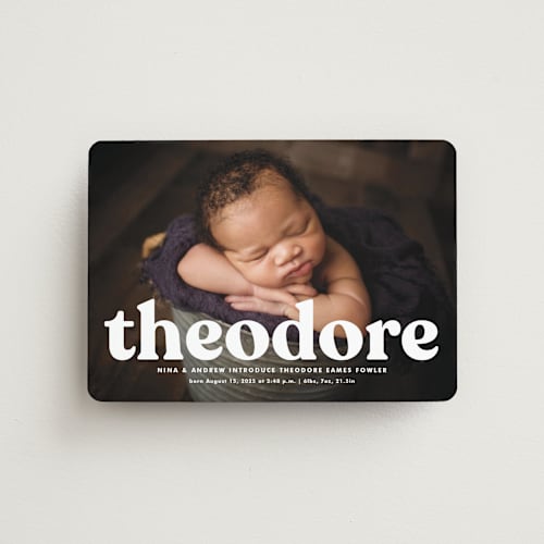 This is a ghost birth announcement magnets with standard by Lea Delaveris called modern vintage printing on magnet paper in magnet