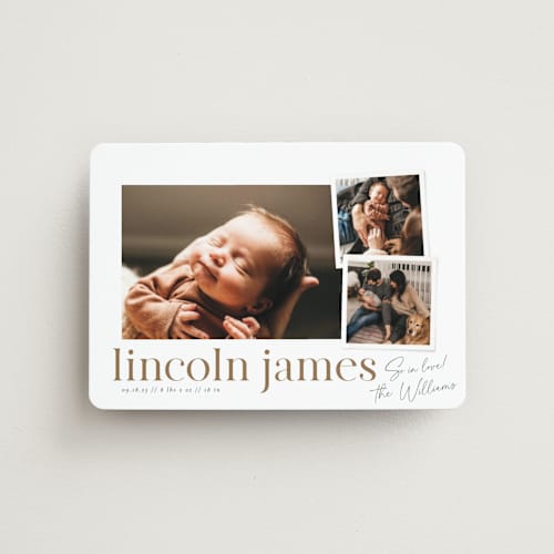 This is a linen birth announcement magnets with standard by Robert and Stella called little snaps printing on magnet paper in magnet