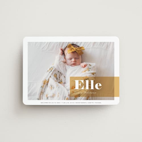 This is a marigold birth announcement magnets with standard by Maria Hilas-Louie called magazine block printing on magnet paper in magnet