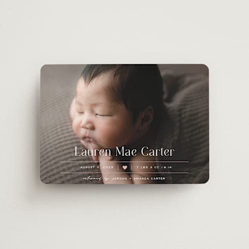 This is a blush birth announcement magnets with standard by Pixel and Hank called heart printing on magnet paper in magnet
