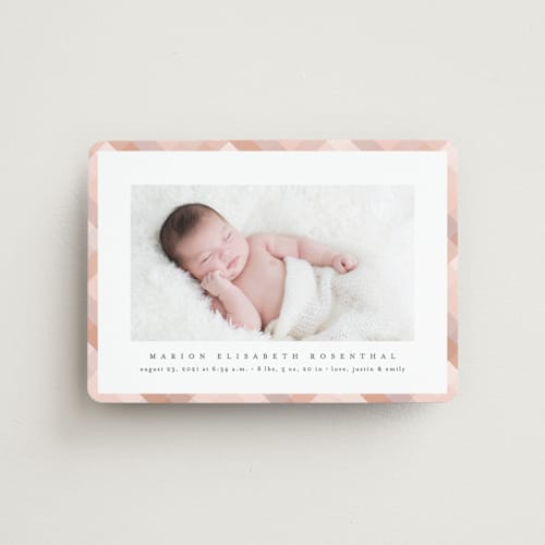 This is a terracotta birth announcement magnets with standard by Erica Krystek called desert plaid printing on magnet paper in magnet