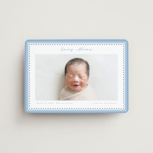 This is a sky birth announcement magnets with standard by Nicole Walsh called stitched frame printing on magnet paper in magnet