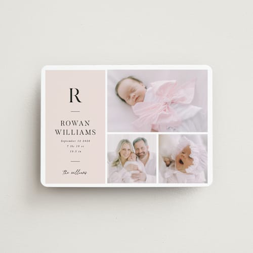 This is a blush birth announcement magnets with standard by Robert and Stella called monogram block printing on magnet paper in magnet