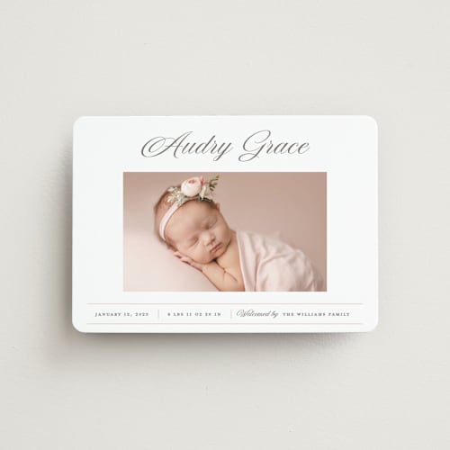 This is a peony birth announcement magnets with standard by Pixel and Hank called elegance printing on magnet paper in magnet