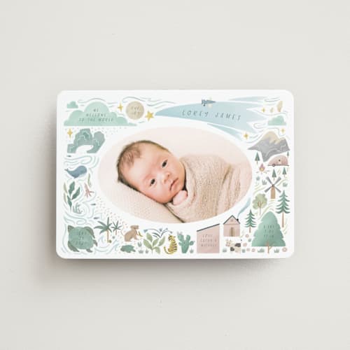 This is a blue jay birth announcement magnets with standard by Grae called a wonderful world printing on magnet paper in magnet