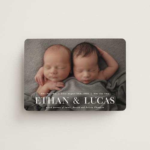 This is a baby powder birth announcement magnets with standard by Hooray Creative called double take printing on magnet paper in magnet