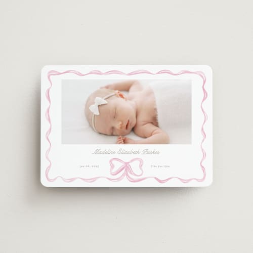 This is a peony birth announcement magnets with standard by Creo Study called squiggle bow printing on magnet paper in magnet