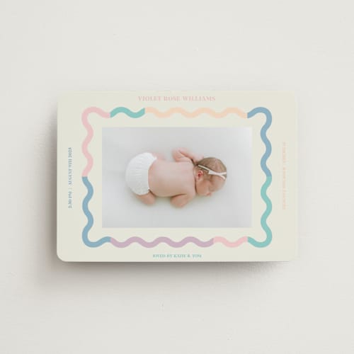 This is a cream birth announcement magnets with standard by Baumbirdy called wavy pastel frame printing on magnet paper in magnet