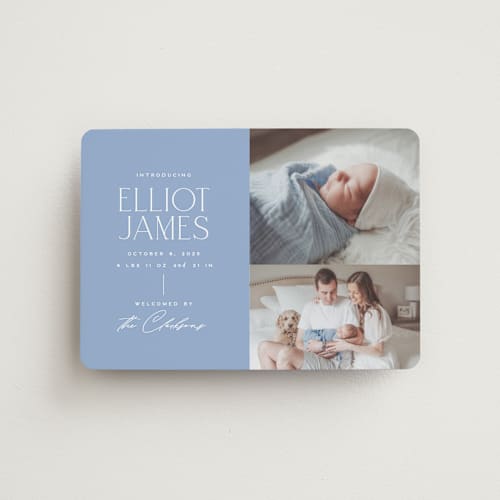 This is a periwinkle birth announcement magnets with standard by Jessica Corliss called announcing elegance printing on magnet paper in magnet
