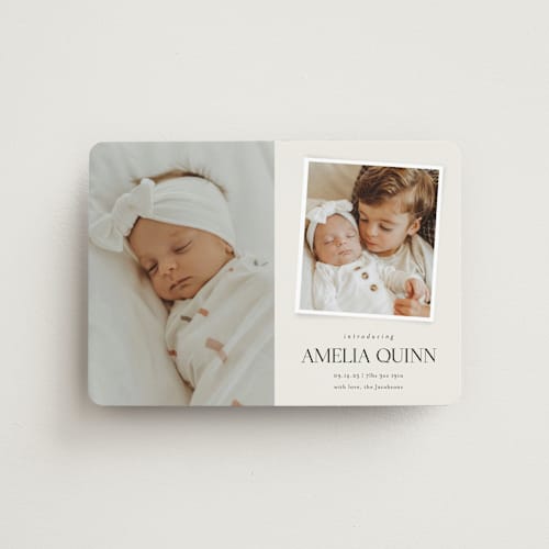 This is a cream birth announcement magnets with standard by Jessica Williams called petite introduction printing on magnet paper in magnet