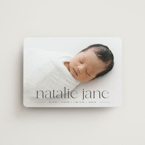 This is a onyx birth announcement magnets with standard by Erin Deegan called announcing baby printing on magnet paper in magnet