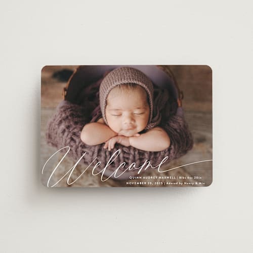 This is a cloud birth announcement magnets with standard by Jackie Crawford called swoop printing on magnet paper in magnet