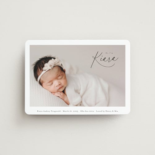 This is a midnight birth announcement magnets with standard by Jackie Crawford called corner hello printing on magnet paper in magnet