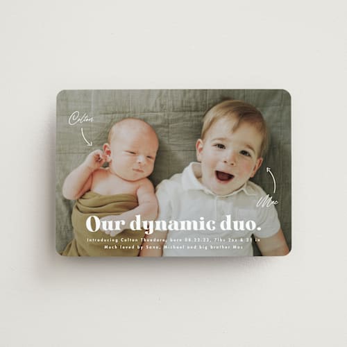 This is a cotton birth announcement magnets with standard by Corinne Malesic called dynamic duo printing on magnet paper in magnet