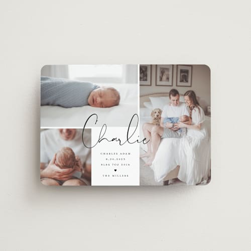 This is a night birth announcement magnets with standard by Michelle Taylor called trio of love printing on magnet paper in magnet