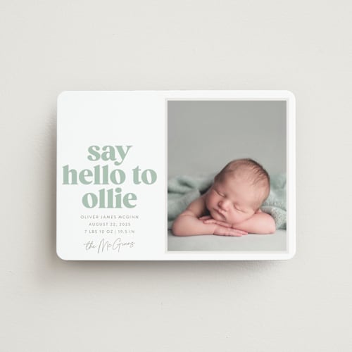 This is a mint birth announcement magnets with standard by Robert and Stella called clarke printing on magnet paper in magnet