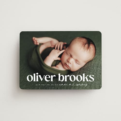 This is a salt birth announcement magnets with standard by Lea Delaveris called the simplest printing on magnet paper in magnet