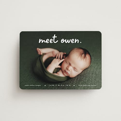 This is a snow birth announcement magnets with standard by Lauren Chism called meet cute printing on magnet paper in magnet