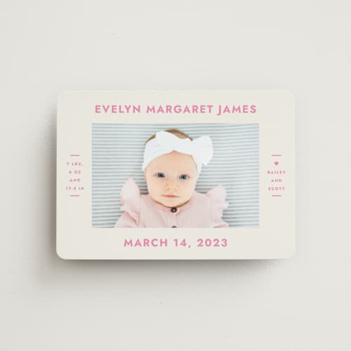 This is a peony birth announcement magnets with standard by Megan Davis called present perfect printing on magnet paper in magnet