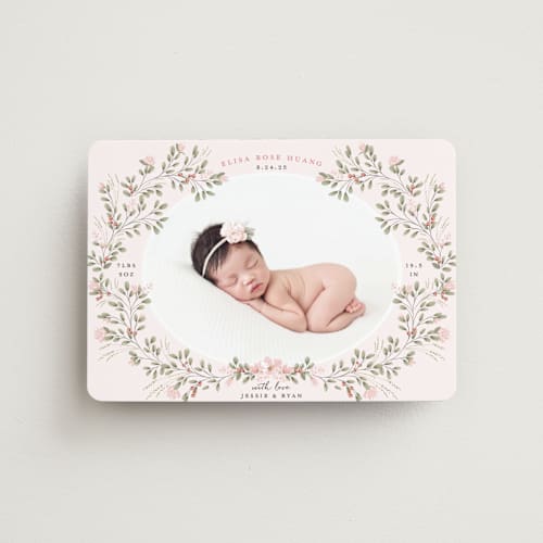This is a blush birth announcement magnets with standard by Susan Moyal called sweet floral vine printing on magnet paper in magnet