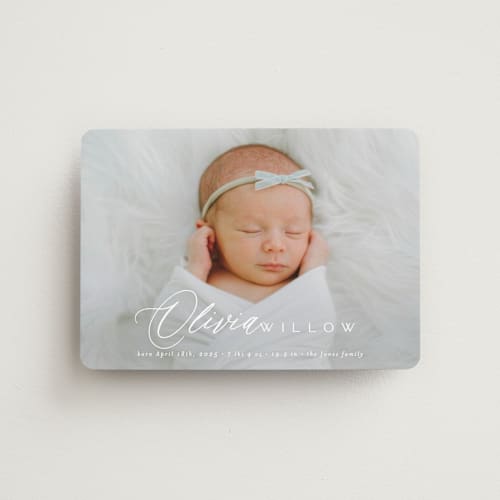 This is a cloud birth announcement magnets with standard by Everett Paper Goods called serenity printing on magnet paper in magnet