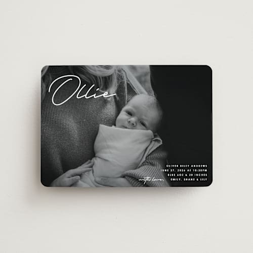 This is a cloud birth announcement magnets with standard by Brandy Folse called that's my name printing on magnet paper in magnet