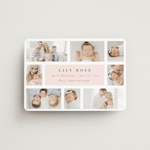 This is a blush birth announcement magnets with standard by Maria Alou called family album printing on magnet paper in magnet