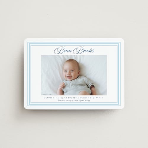 This is a baby blue birth announcement magnets with standard by Alston Foster called little darling printing on magnet paper in magnet