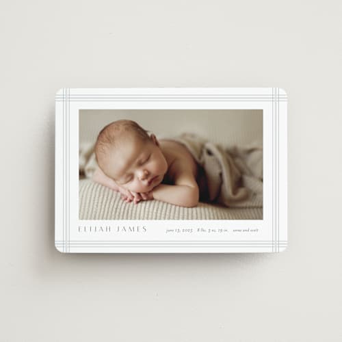 This is a cement birth announcement magnets with standard by Stacey Meacham called soft plaid printing on magnet paper in magnet