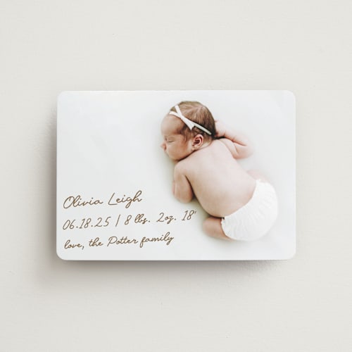 This is a bark birth announcement magnets with standard by AK Graphics called signed with love printing on magnet paper in magnet