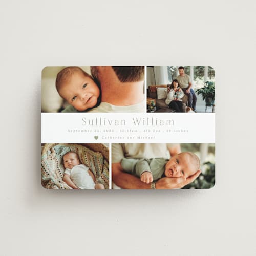 This is a sage birth announcement magnets with standard by Hudson meet Rose called welcome home printing on magnet paper in magnet