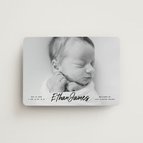 This is a volcano birth announcement magnets with standard by Owl and Toad called just the facts printing on magnet paper in magnet