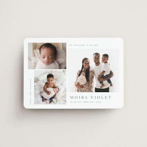 This is a stone birth announcement magnets with standard by Carolyn MacLaren called welcome with joy printing on magnet paper in magnet