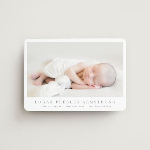 This is a fawn birth announcement magnets with standard by Megan Davis called menil printing on magnet paper in magnet