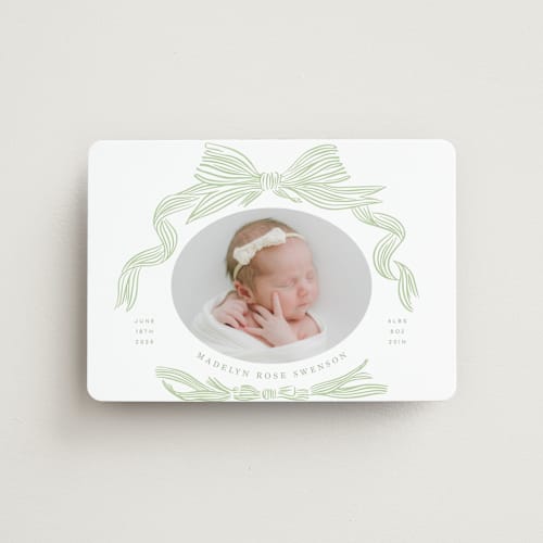 This is a mint birth announcement magnets with standard by Stephanie Hawkes called ribbon bow frame printing on magnet paper in magnet