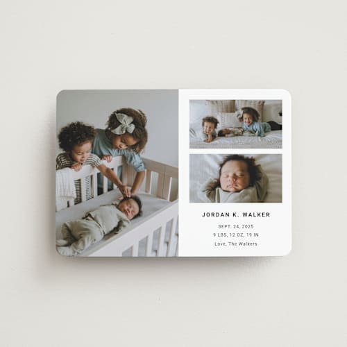This is a milk birth announcement magnets with standard by Playground Prints called minimal three printing on magnet paper in magnet
