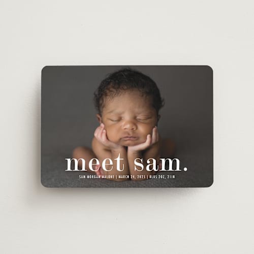 This is a cloud birth announcement magnets with standard by Up Up Creative called meeting printing on magnet paper in magnet