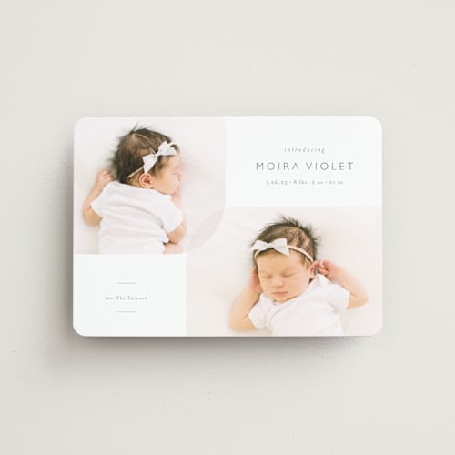 This is a stone birth announcement magnets with standard by Carolyn MacLaren called curved duo printing on magnet paper in magnet