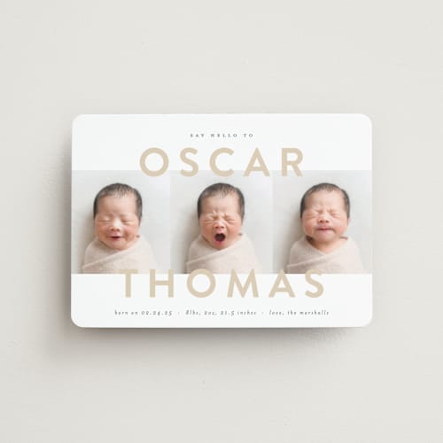 This is a sand birth announcement magnets with standard by Carolyn MacLaren called trio overlay printing on magnet paper in magnet