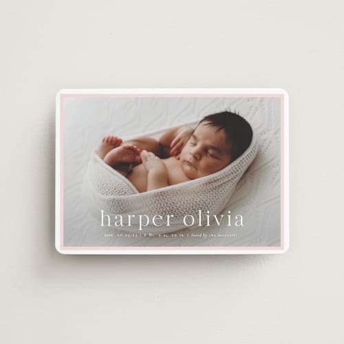 This is a rose birth announcement magnets with standard by Alexandra Cohn called portraiture printing on magnet paper in magnet