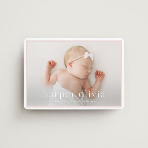 This is a rose birth announcement magnets with standard by Alexandra Cohn called portraiture printing on magnet paper in magnet