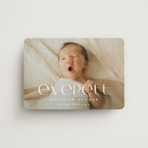 This is a linen birth announcement magnets with standard by Erica Krystek called modern name printing on magnet paper in magnet