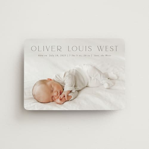 This is a fog birth announcement magnets with standard by Julia Hall called our hearts printing on magnet paper in magnet