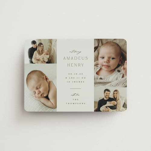 This is a boho neutral birth announcement magnets with standard by Ana Sharpe called photo stack printing on magnet paper in magnet