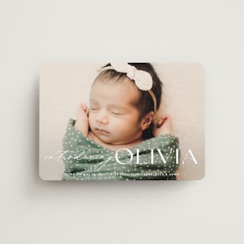 This is a natural birth announcement magnets with standard by Ana Sharpe called bold introduction printing on magnet paper in magnet